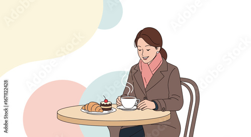 Woman Enjoys Coffee And Pastries At A Cafe, Relaxing Moment Illustrated In Style
