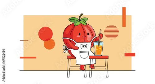 Tomato Character Cartoon Making Juice, Whimsical Illustration, Fresh And Delicious
