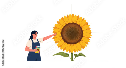 Woman Featuring a Sunflower: Illustration of Education, Horticulture, and Botanical Studies