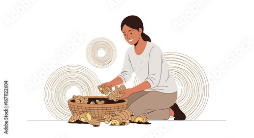 Woman Gathering Fresh Ginger From Basket Depicting Culinary Preparation