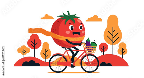 Tomato Riding Bicycle, Carrying Vegetables in Autumnal Park Scene