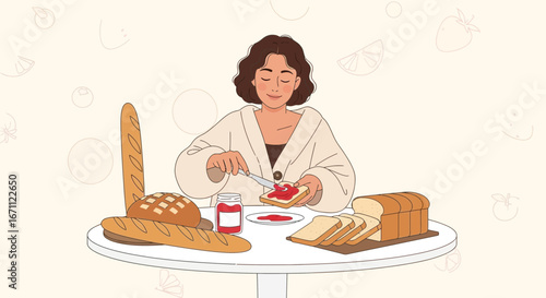 Woman Gently Spreads Jam On Toast, Enjoying A Relaxing Breakfast Routine