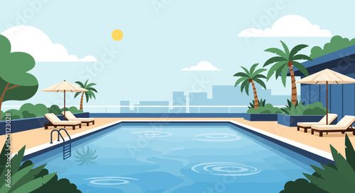 Tranquil Poolside Vista Showcasing Lush Palm Trees and Sunny Relaxation Scenery