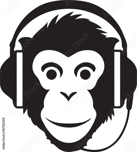 Silhouette of a monkey wearing headphones listening to music isolated on transparent background