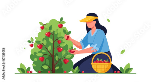 Woman Harvesting Red Fruits From Tree, Gathering Apples, Illustration On WhiteBackground