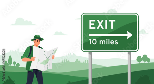 Traveler Navigates Landscape With Map, Sign Directs To The Nearest Exit In Miles