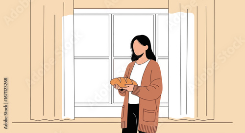 Woman Holding Bread in Sunlight Near a Window in a Cozy, Bright Apartment