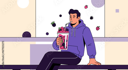 Trendy Individual Consuming Refreshing Berry Smoothie In Modern Illustrative Design