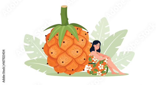 Tropical Paradise: A Woman and Giant Fruit in a Summery, Colorful Illustration