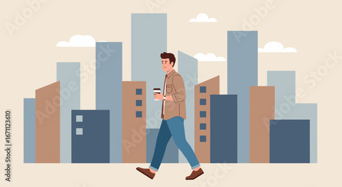 Urban Commute: A Man's Daily Stroll Amidst City Buildings And Morning Brew