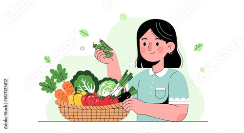 Woman Holding Vegetables from the Harvest Basket Displaying a Vibrant Collection