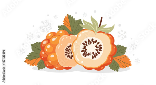 Vector Illustration Of Orange Cloudberries With Leaves And Snowflakes On White Background