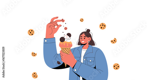 Woman Joyfully Garnishing Ice Cream with Chocolate Cookies in Vector Style Illustration
