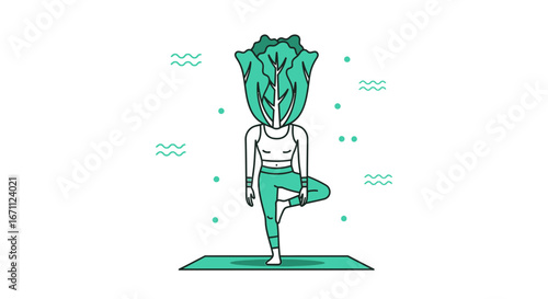 Vegetable Headed Figure Performs Yoga Pose on Mat Against White Background