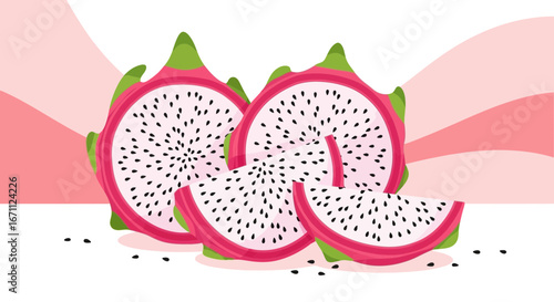 Vibrant Dragon Fruit Presentation in Colorful Illustration with Artistic Background