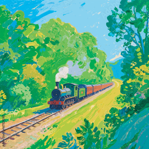 Steam Train with Green Countryside Background Vector