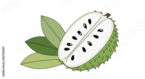 Vibrant Illustrated Image Detailing a Freshly Cut Soursop Fruit with Green Leaves