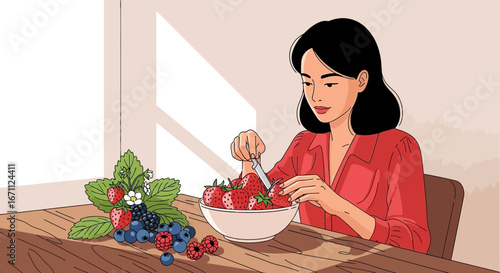 Woman Prepares Fresh Berries For Consumption And Healthy Living In The Bright Room