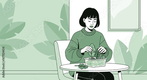 Woman Prepares Fresh Salad in Kitchen, Embracing Wellness and Healthy Eating Routine