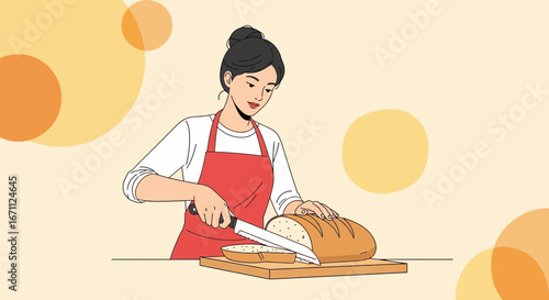 Woman Preparing Food Cutting Freshly Baked Bread For Breakfast In The Kitchen Scene