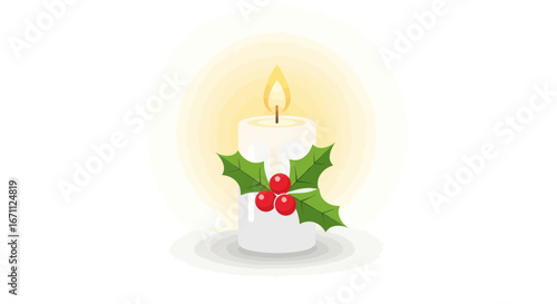 Festive holiday candle adorned with holly berries casting a warm glow evoking seasonal joy