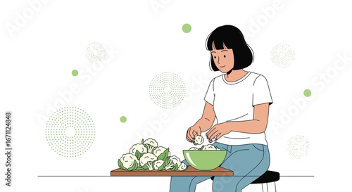 Woman Preparing Fresh Cauliflower in a Kitchen Environment: Healthy Eating Concept