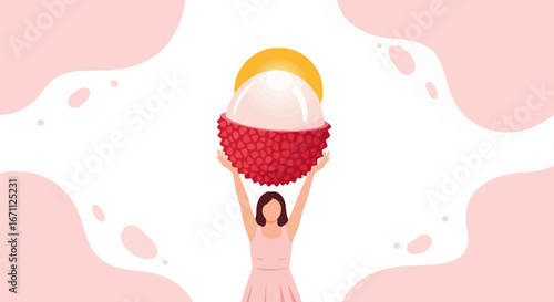 Woman Presenting Large, Delicately Colored Lychee Fruit, Offering Tropical Delight
