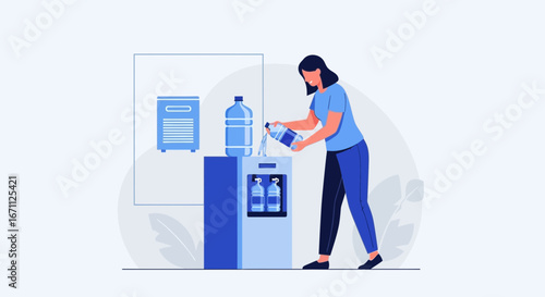 Woman Refilling Water Bottle At Office Water Dispenser Simple Illustration