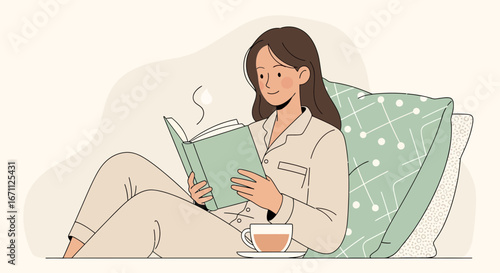 Woman Reading With Cup Of Tea Enjoying Peaceful Time Resting And Relaxing