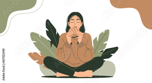 Woman Relaxes And Enjoys Eating While Surrounded By Botanical Elements