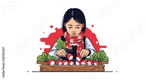 Woman Selecting Fresh Red Radishes From Wooden Crate, An Illustration Focus