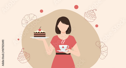 Woman Serving Dessert And Coffee In An Illustration For Cafes And Pastry Shops
