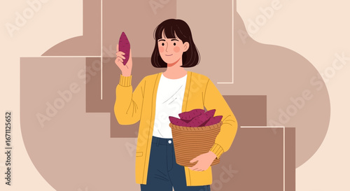Woman Showcases Sweet Potatoes, Presenting Harvest Bounty, Food, Illustration