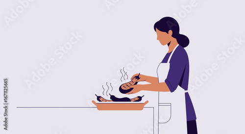 Woman Serving Roasted Eggplant From Tray in Kitchen, Culinary Preparation Illustration