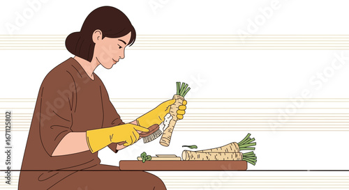 Woman Skillfully Prepares Fresh Ingredient: Root Vegetable Cutting and Food Preperation Illustration