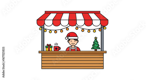 Festive christmas market stall with vendor and decorations, a cheerful winter scene