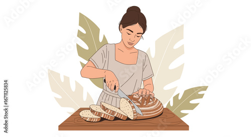 Woman Skillfully Slicing Artisan Bread On Wooden Board, Culinary Practice