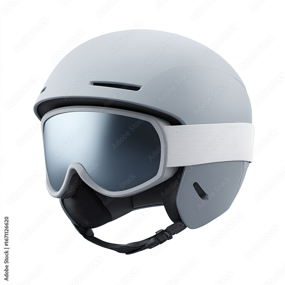 Fototapeta premium Sleek gray ski helmet with reflective goggles for winter sports