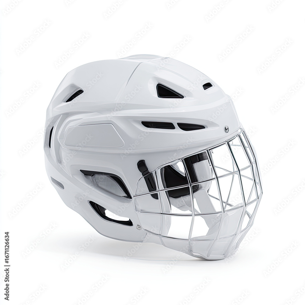 Fototapeta premium White sports helmet with protective metal face cage for safety