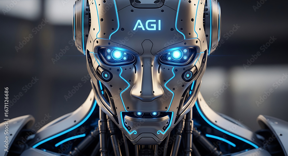 Fototapeta premium Futuristic ai robot head with glowing eyes and the acronym agi displayed
