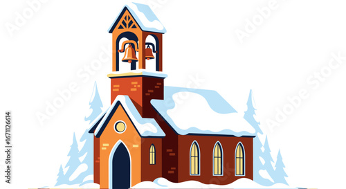 Charming snowy church illustration perfect for holiday cards and seasonal designs conveys peace