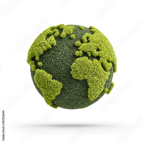 Green earth globe made of leaves floating on white background