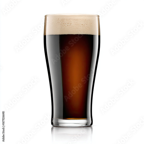 Dark beer with creamy foam in clear glass on white background