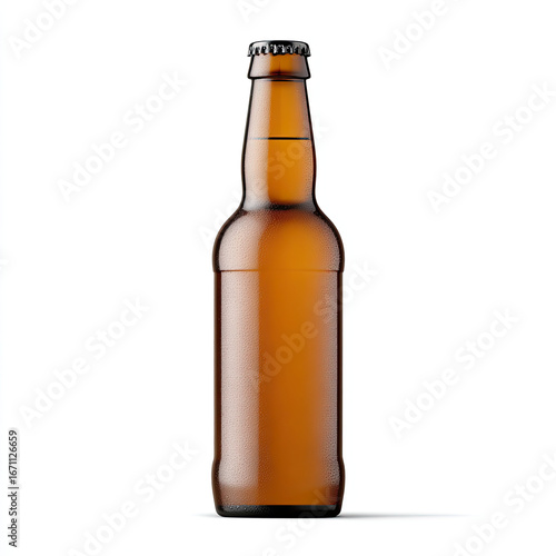 Brown glass bottle with condensation isolated on white background