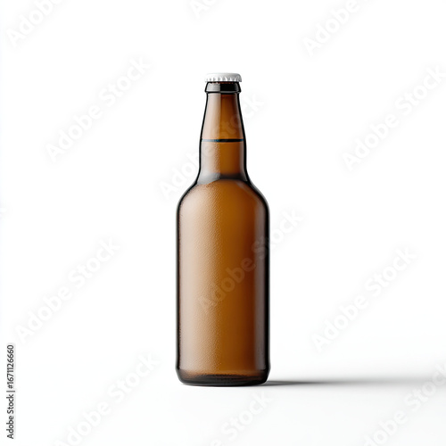 Brown glass bottle with condensation on white background