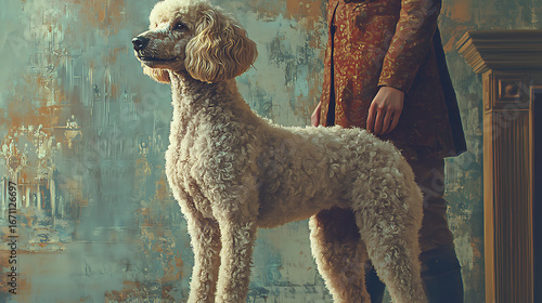 A person is standing next to a poodle