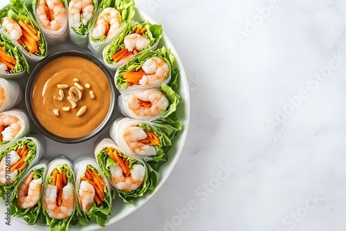 A plate of fresh spring rolls with colorful fillings like shrimp carrot and lettuce served with a peanut dipping sauce 