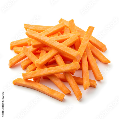 A pile of fresh raw carrot sticks, chopped and prepared for cooking or snacking, isolated on a white background.