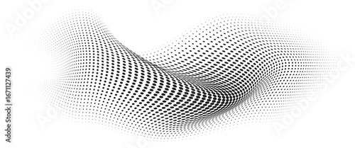 Flowing Wave Dot Halftone Pattern: Curve Gradient Shape on Transparent Background. Suitable for AI, Tech, Network, Digital, Science, and Technology Themes.
