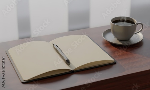 Open blank notebook with pen and steaming coffee cup on wooden desk by window
